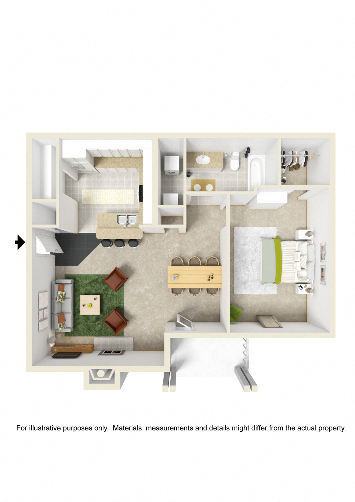 Floor plan for 1 bed, 1 bath, 800 sqft